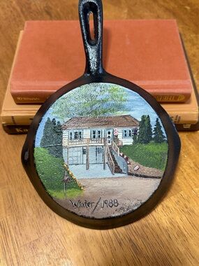 Hand-Painted Cast Iron Skillet Wall Art - Cottage Scene